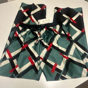 Zara Womens silky satin eccentric print wide leg pants green/black Medium NWT